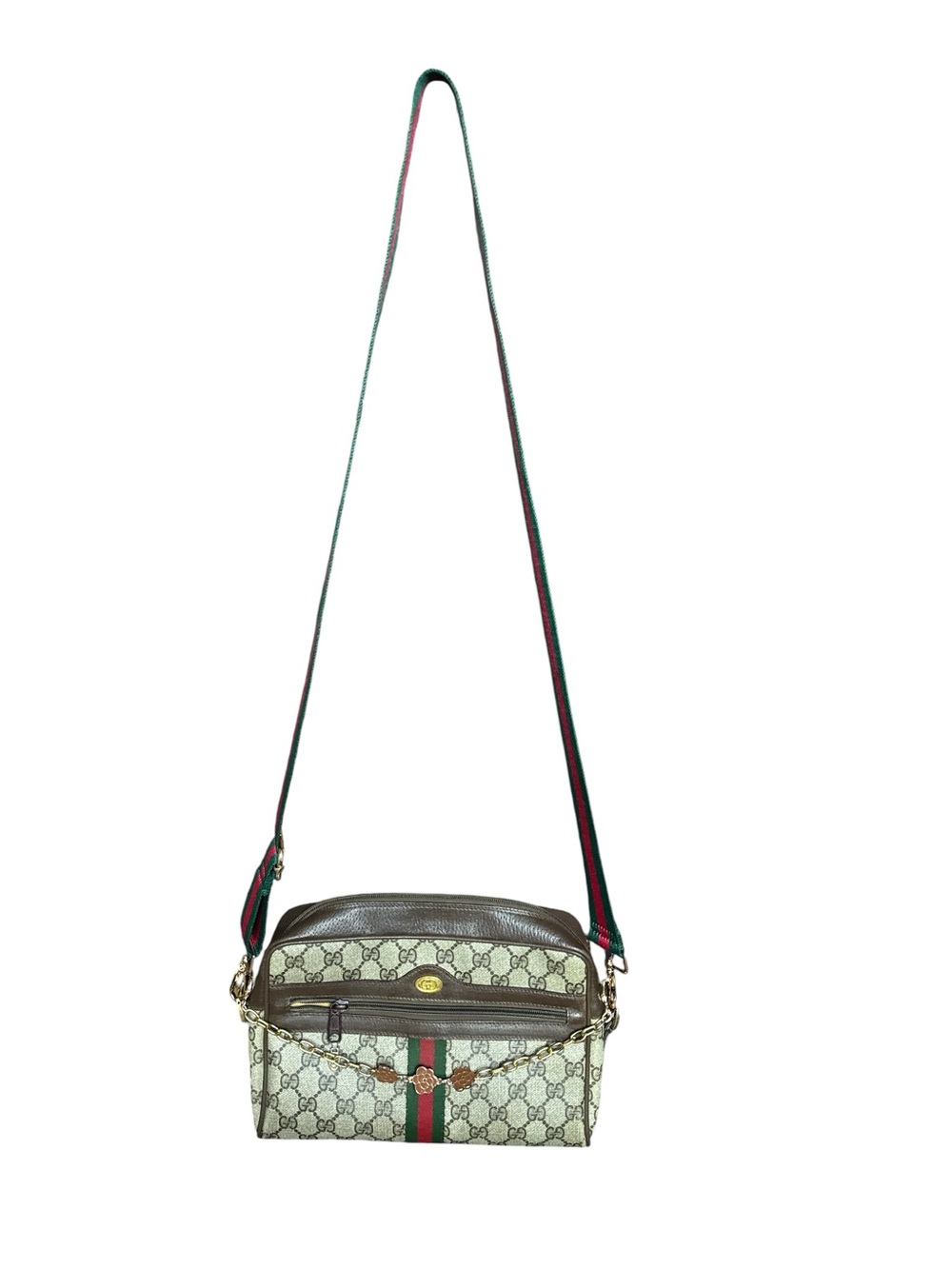 Gucci brown and beige GG monogram canvas crossbody bag, Restored